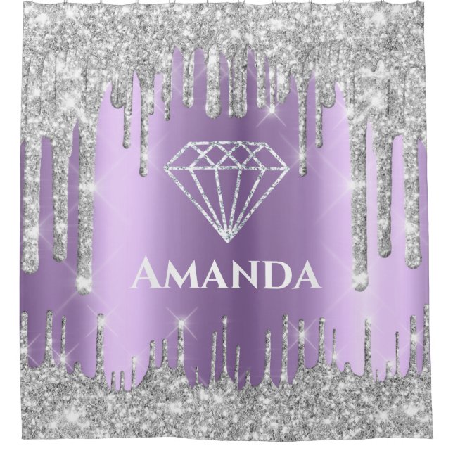 Name Bridal Glitter Drips Gray Violet Diamond Shower Curtain (Front)