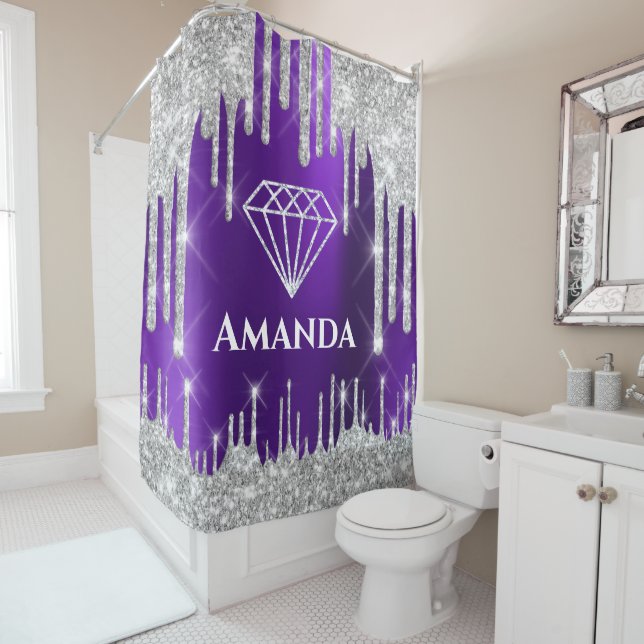 Name Bridal Glitter Drips Gray Violet Diamond Shower Curtain (In Situ)