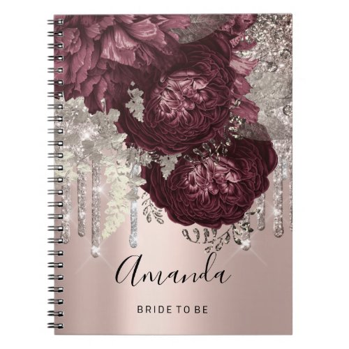 Name  Bridal Shower Marsala Drips Floral Burgundy Notebook