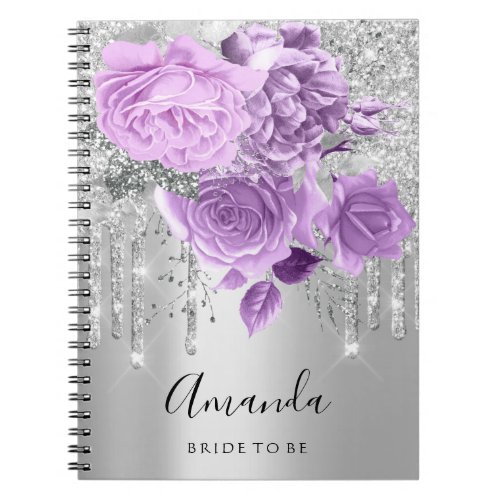 Name Bridal Shower Silver Drip Floral Purple Roses Notebook