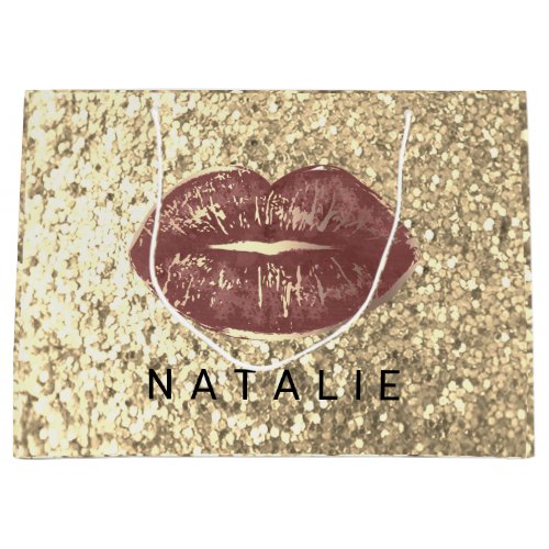Name Bride Brown Kiss Lips Glitter Champagne Gold  Large Gift Bag