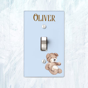 Name, Brown Teddy Bear, Blue Nursery  Light Switch Cover