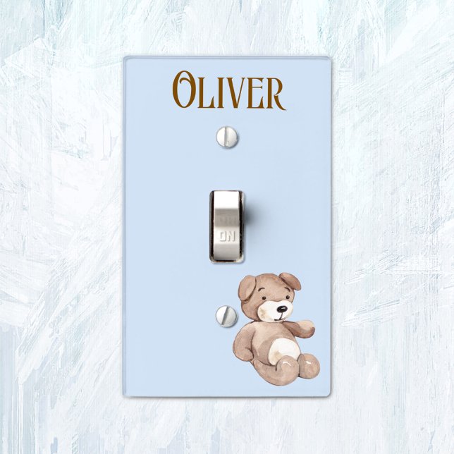 Name, Brown Teddy Bear, Blue Nursery  Light Switch Cover (Creator Uploaded)