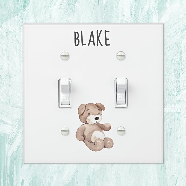 Name, Brown Teddy Bear, Boho White Nursery Light Switch Cover (Creator Uploaded)