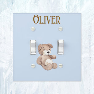 Name, Brown Teddy Bear on Blue Nursery Light Switch Cover
