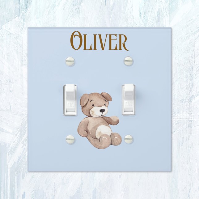 Name, Brown Teddy Bear on Blue Nursery Light Switch Cover (Creator Uploaded)
