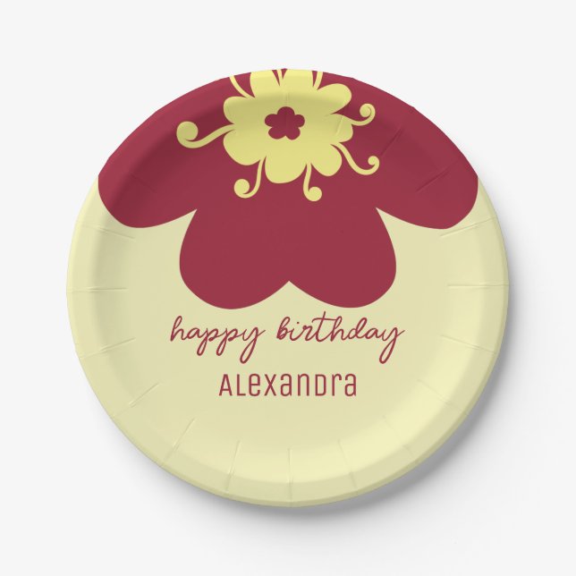 Name Burgundy Blossom Happy Birthday Paper Plates (Front)