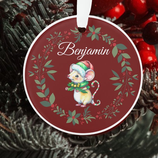Name Burgundy Cute Mouse Christmas Tree Ornament (Creator Uploaded)