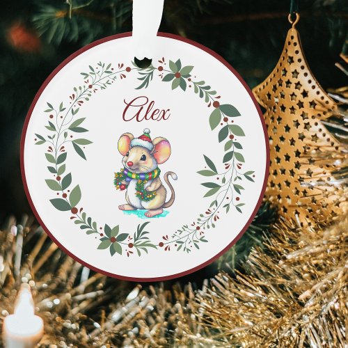 Name Burgundy Cute Mouse Christmas Tree  Ornament