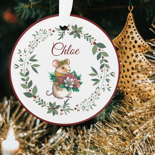 Name Burgundy Cute Mouse Christmas Tree Ornament