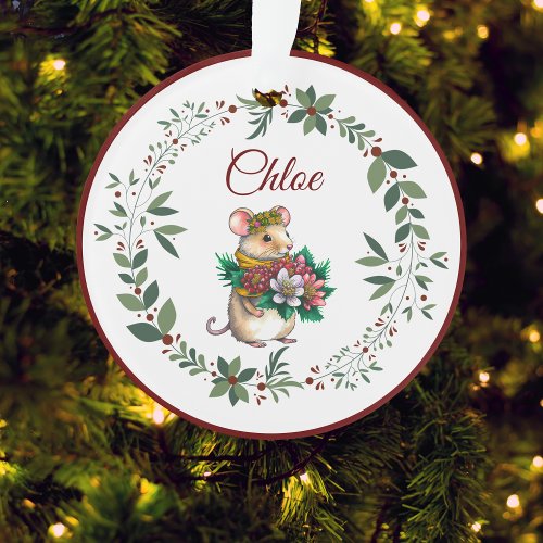 Name Burgundy Cute Mouse Christmas Tree Ornament