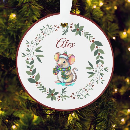 Name Burgundy Cute Mouse Christmas Tree  Ornament