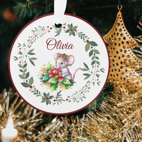 Name Burgundy Sweet Mouse Christmas Tree  Ornament