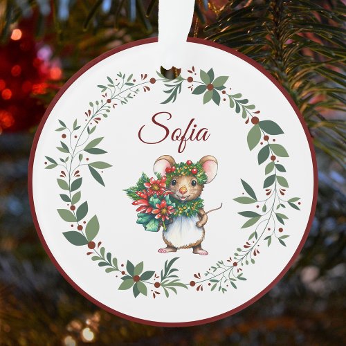 Name Burgundy Sweet Mouse Christmas Tree  Ornament