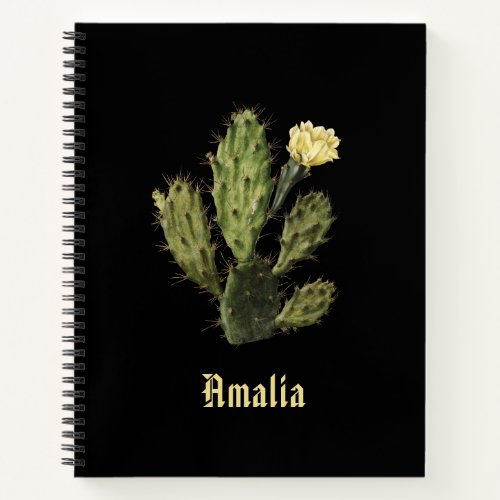 Name Cactus Flower Vintage Black Spiral Notebook