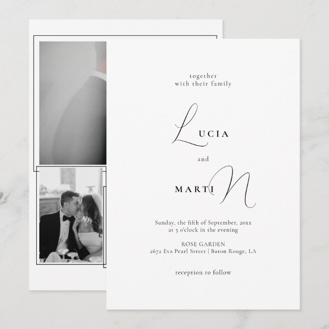 Name Calligraphy 3 Photo Black & White Wedding Invitation (Front/Back)