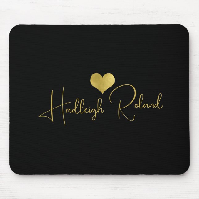 Name Calligraphy Monogram Heart Gold Black Mouse Pad (Front)