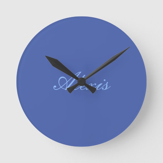 Name Calligraphy Script Plain Simple Blue Round Clock (Front)
