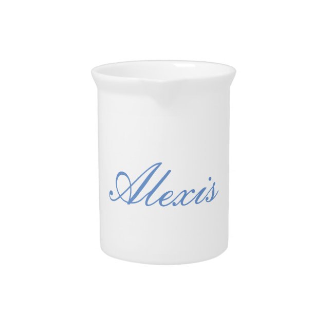 Name Calligraphy Script Plain Simple White Blue Beverage Pitcher (Front)