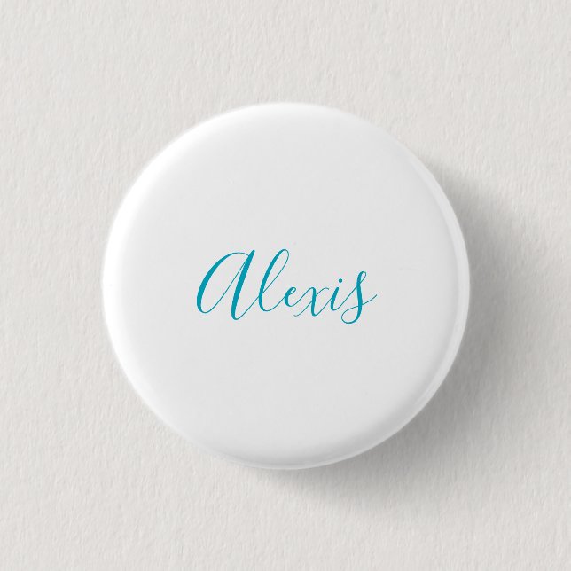 Name Calligraphy Script Plain Simple White Blue Button (Front)