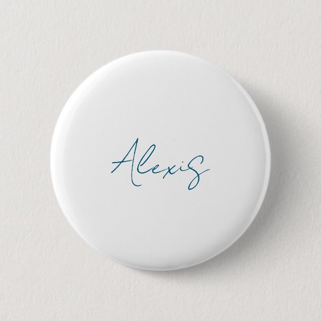 Name Calligraphy Script Plain Simple White Blue Button (Front)