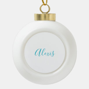 Name Calligraphy Script Plain Simple White Blue Ceramic Ball Christmas Ornament