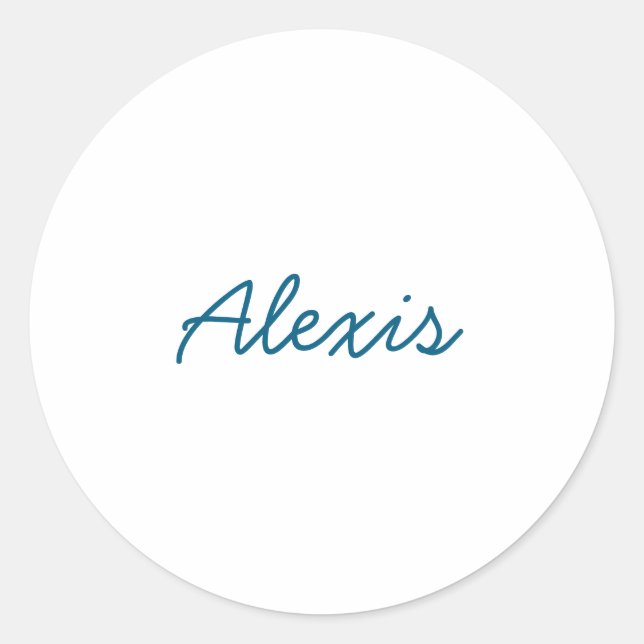 Name Calligraphy Script Plain Simple White Blue Classic Round Sticker (Front)
