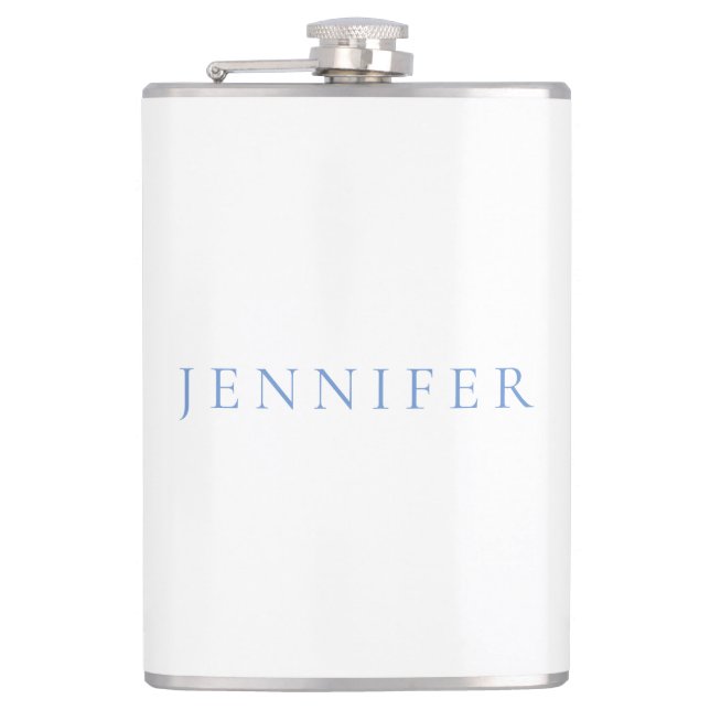Name Calligraphy Script Plain Simple White Blue Flask (Front)