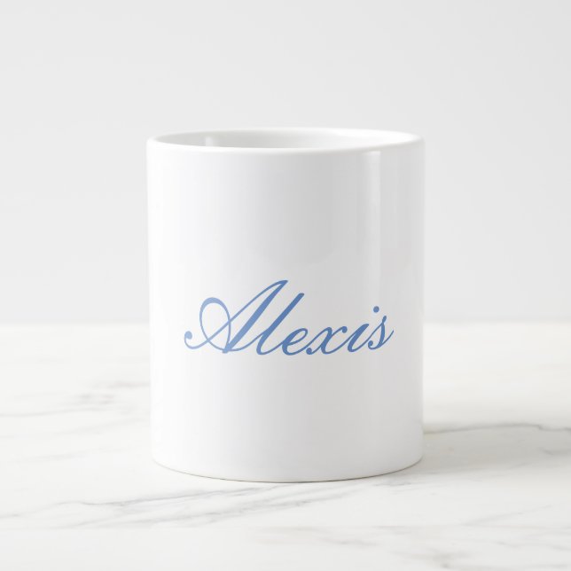 Name Calligraphy Script Plain Simple White Blue Giant Coffee Mug (Front)