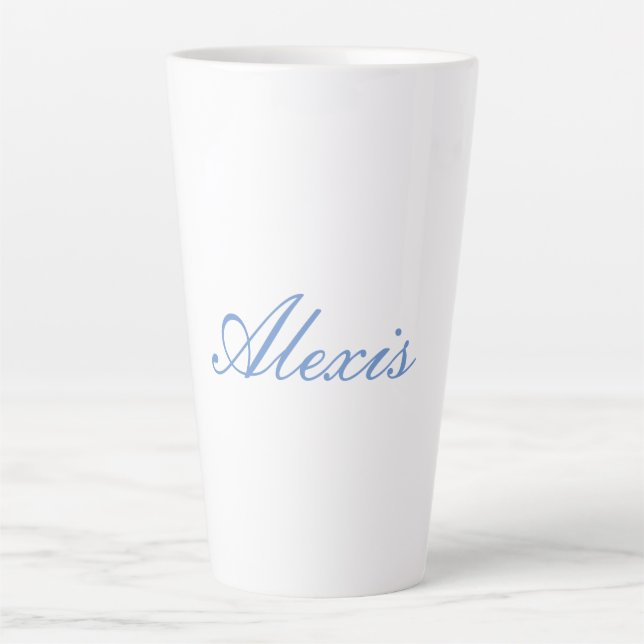 Name Calligraphy Script Plain Simple White Blue Latte Mug (Front)