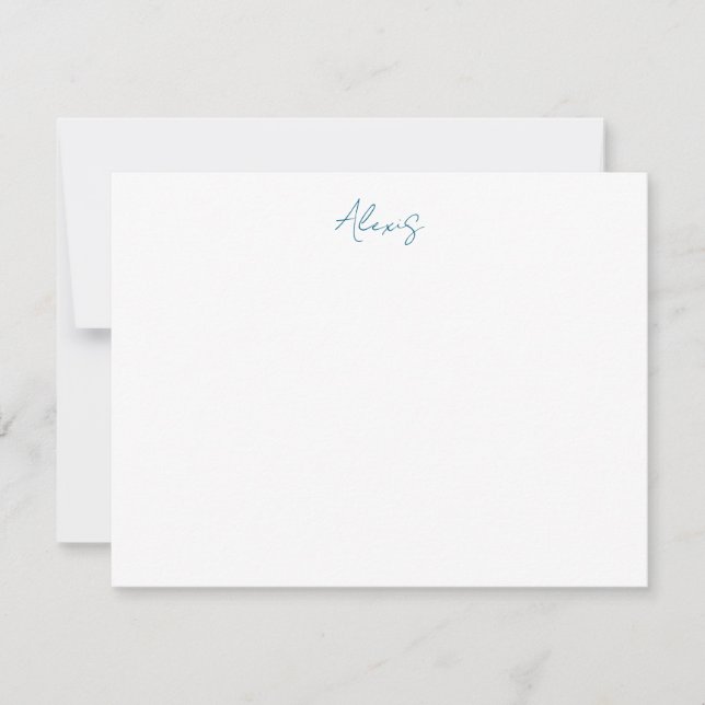 Name Calligraphy Script Plain Simple White Blue Note Card (Front)