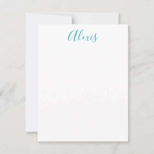 Name Calligraphy Script Plain Simple White Blue Note Card (Front)