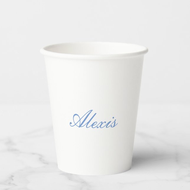Name Calligraphy Script Plain Simple White Blue Paper Cups (Front)