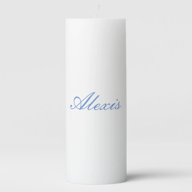 Name Calligraphy Script Plain Simple White Blue Pillar Candle (Front)