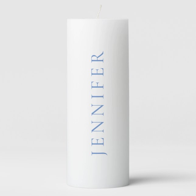 Name Calligraphy Script Plain Simple White Blue Pillar Candle (Front)