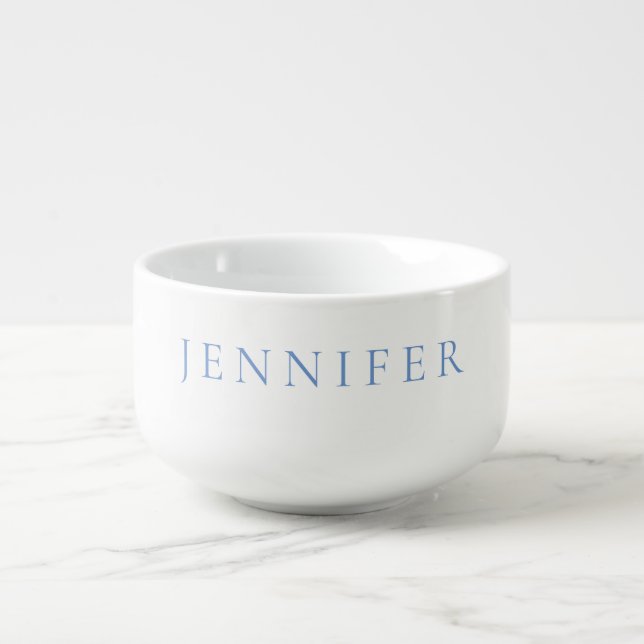 Name Calligraphy Script Plain Simple White Blue Soup Mug (Front)