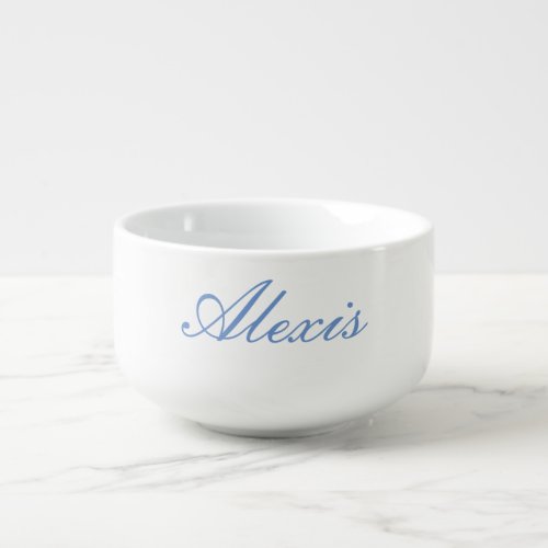 Name Calligraphy Script Plain Simple White Blue Soup Mug