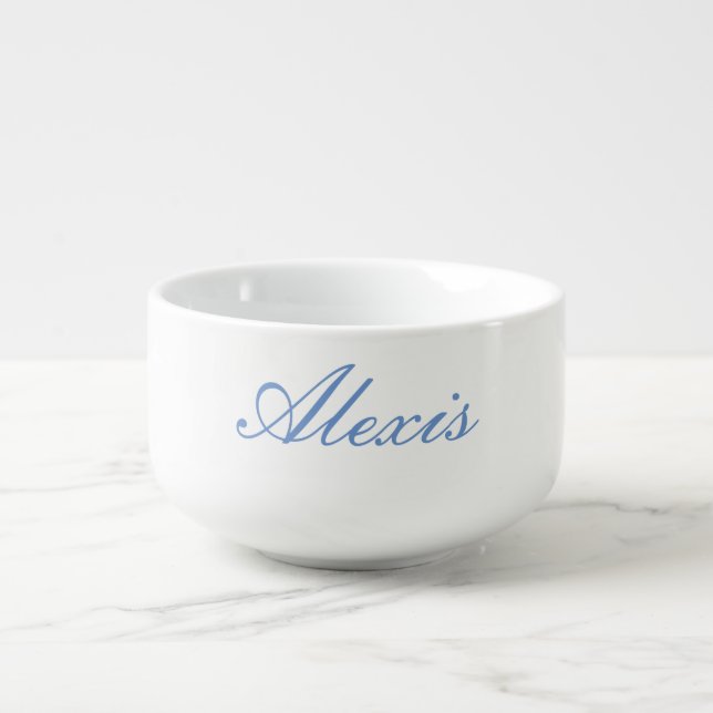 Name Calligraphy Script Plain Simple White Blue Soup Mug (Front)