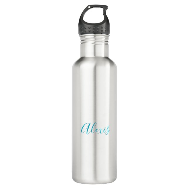 Name Calligraphy Script Plain Simple White Blue Stainless Steel Water Bottle (Front)