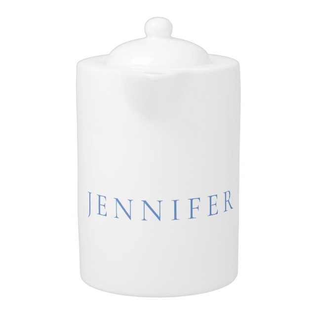 Name Calligraphy Script Plain Simple White Blue Teapot (Front)