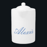 Name Calligraphy Script Plain Simple White Blue Teapot<br><div class="desc">This product was very good and I love how easy it is for customize design. The design was very simple so I'm very pleased when I create.</div>