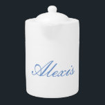 Name Calligraphy Script Plain Simple White Blue Teapot<br><div class="desc">This product was very good and I love how easy it is for customize design. The design was very simple so I'm very pleased when I create.</div>
