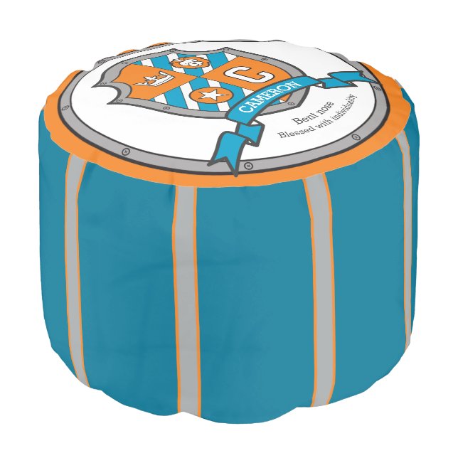 Name Cameron letter C blue crest boys round pouf (Angled Front)