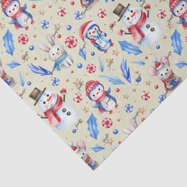 Name, Candy Snowman & Animals Whimsical Christmas Tissue Paper (Detail)