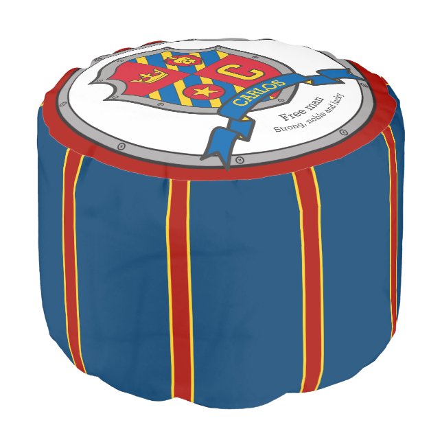 Name Carlos letter C blue crest boys round pouf (Angled Front)