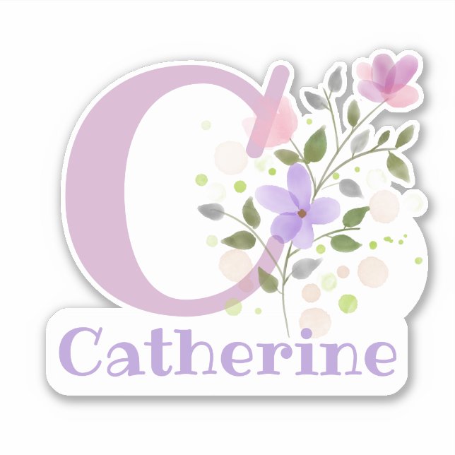Name Catherine plus Initial with Floral Design Sticker (Front)