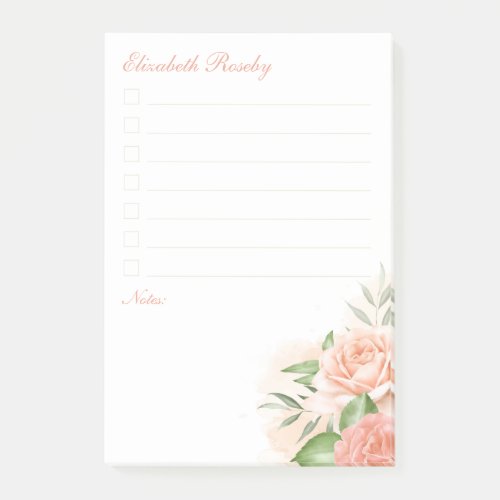 Name Checklist Watercolor Roses Pink Peach White Post_it Notes