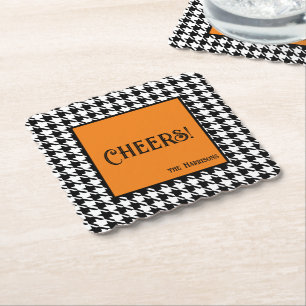 Name & Cheers! Orange Black White Houndstooth Paper Coaster