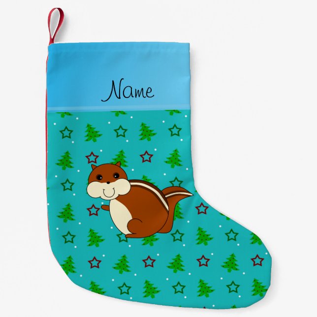 Name chipmunk turquoise christmas trees stars small christmas stocking (Front)