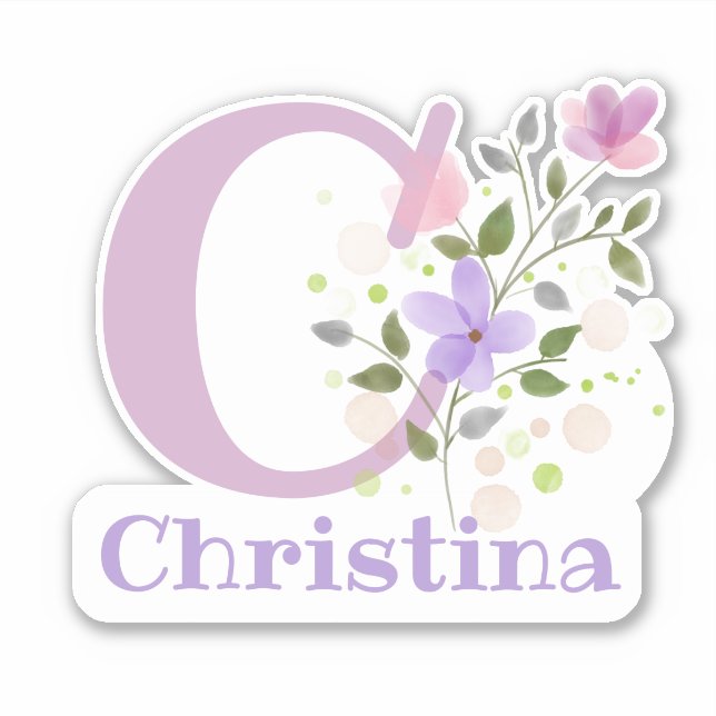 Name Christina & Initial with Floral Design Sticker (Front)